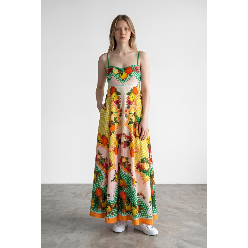 Alemais Lemonis sundress multi Fruit Linen Maxi Dress‎ size 10